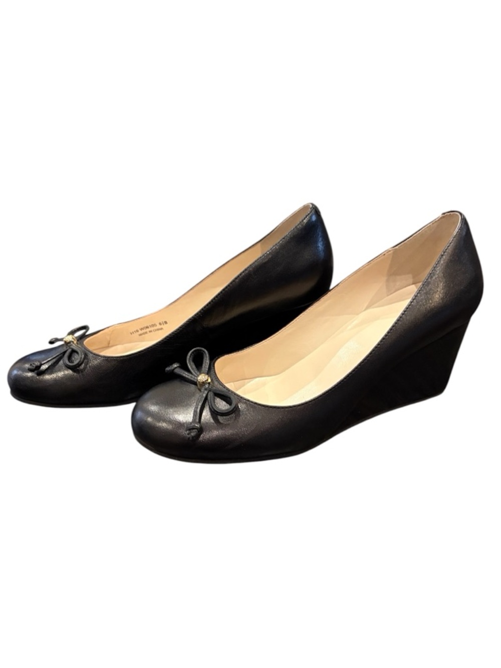NWT Cole Haan Black Leather Wedge Pumps with Bow Detail, size 6.5